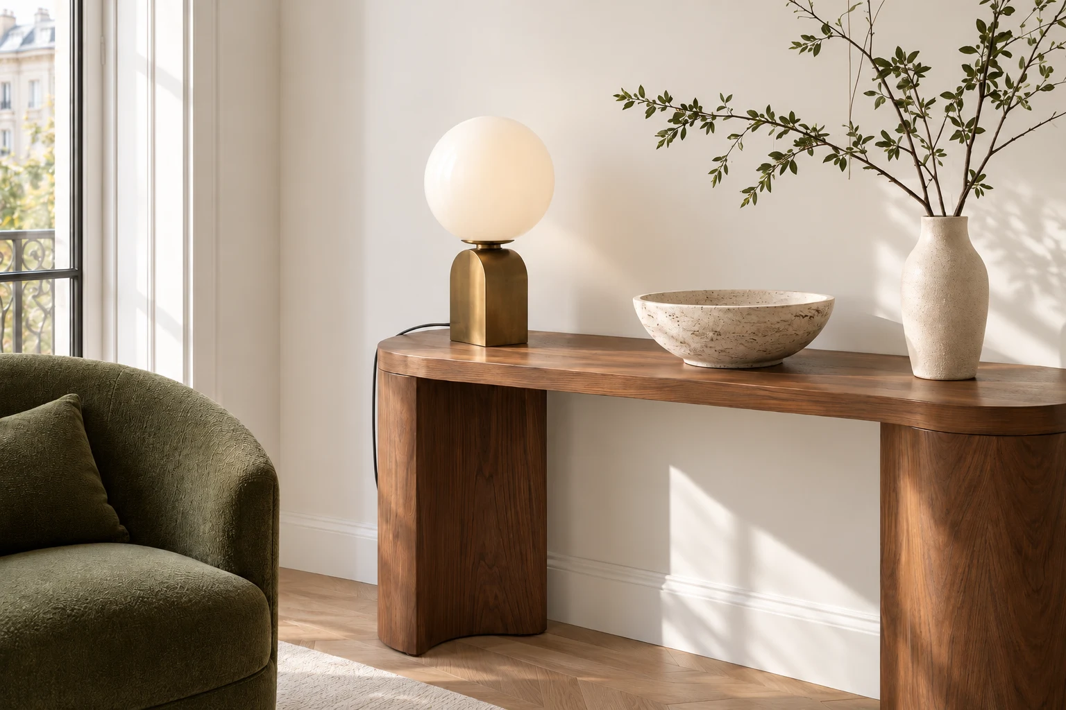 A restrained brass-and-ivory lamp on a curved walnut console beside an olive chair.