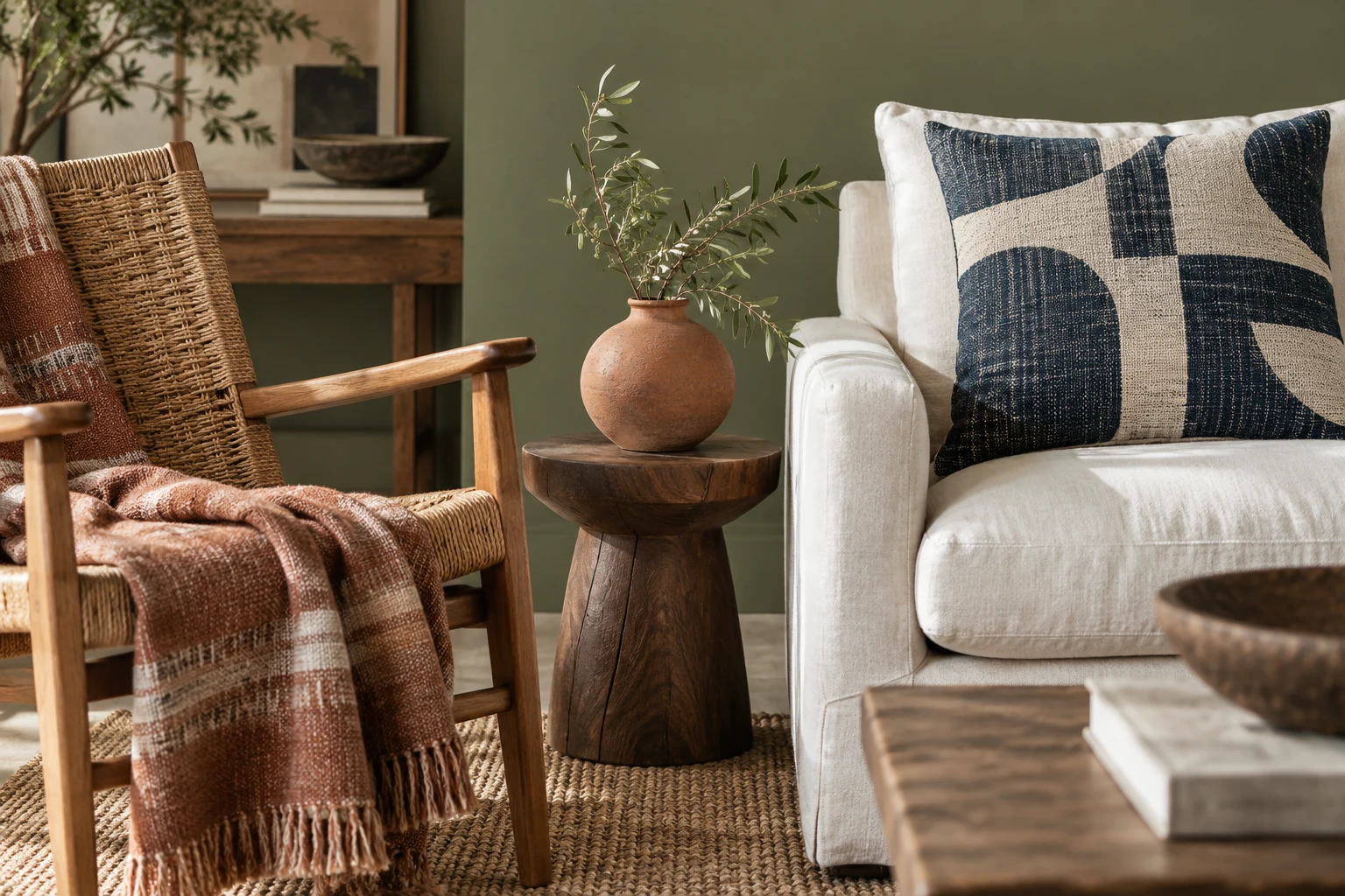 Indigo geometric and terracotta striped textiles layered with woven seating and warm wood.