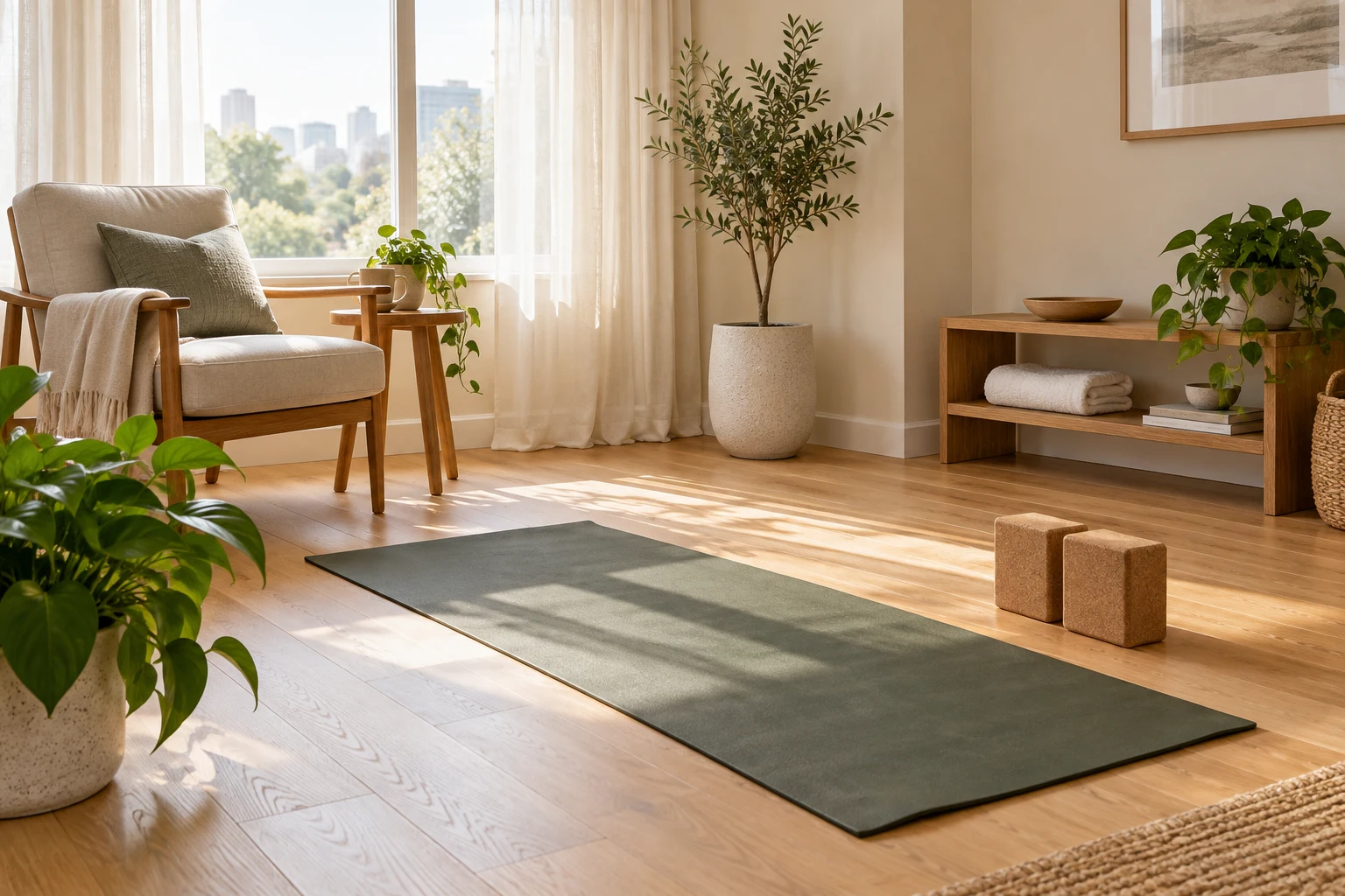 Sage exercise mat and cork blocks in a sunlit room beside a linen reading chair.