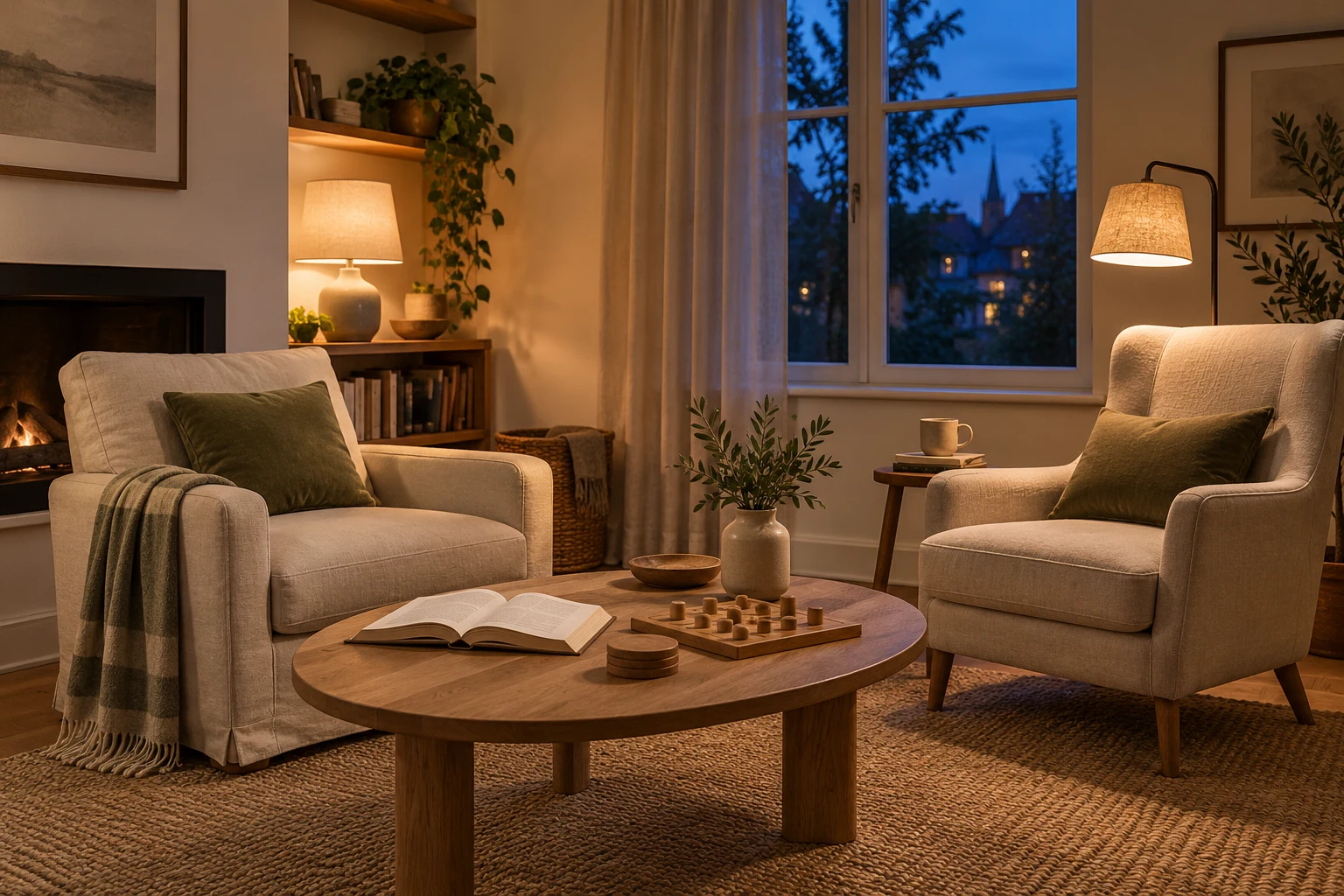 Two linen chairs and an oak table with a book and wooden game in a softly lit living room at dusk.