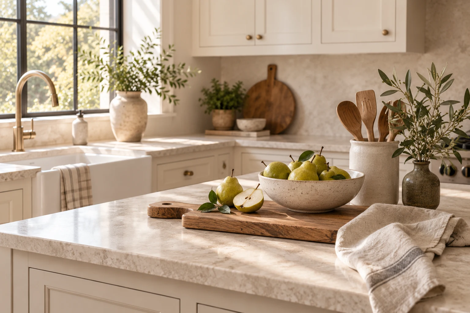 A clear preparation area on a pale kitchen counter, with pears, wooden boards and a linen cloth.