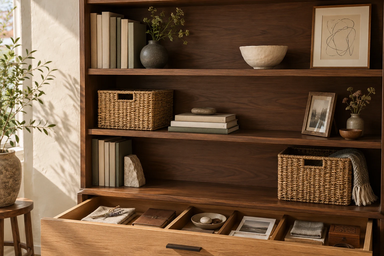 Walnut shelves with books, woven baskets, ceramics, and a drawer of neatly arranged keepsakes.