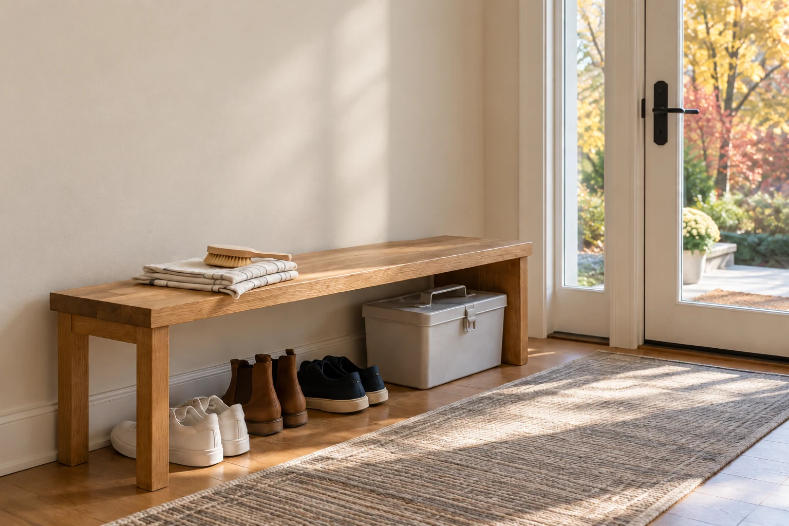 An oak entryway bench with a brush and folded cloths above a closed cleaning caddy and paired shoes.