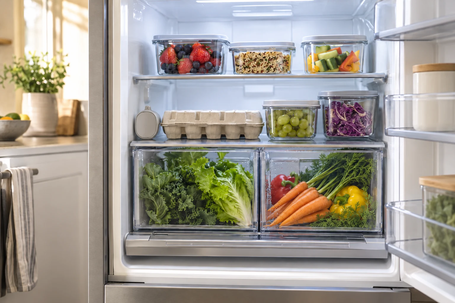 Covered food containers, an egg carton, and vegetables arranged inside a clean refrigerator.