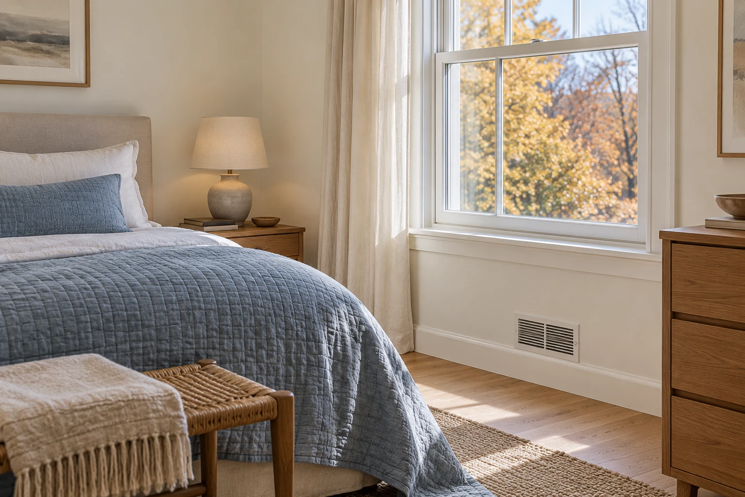 A blue-quilted bed beside a closed window and an unobstructed wall vent.