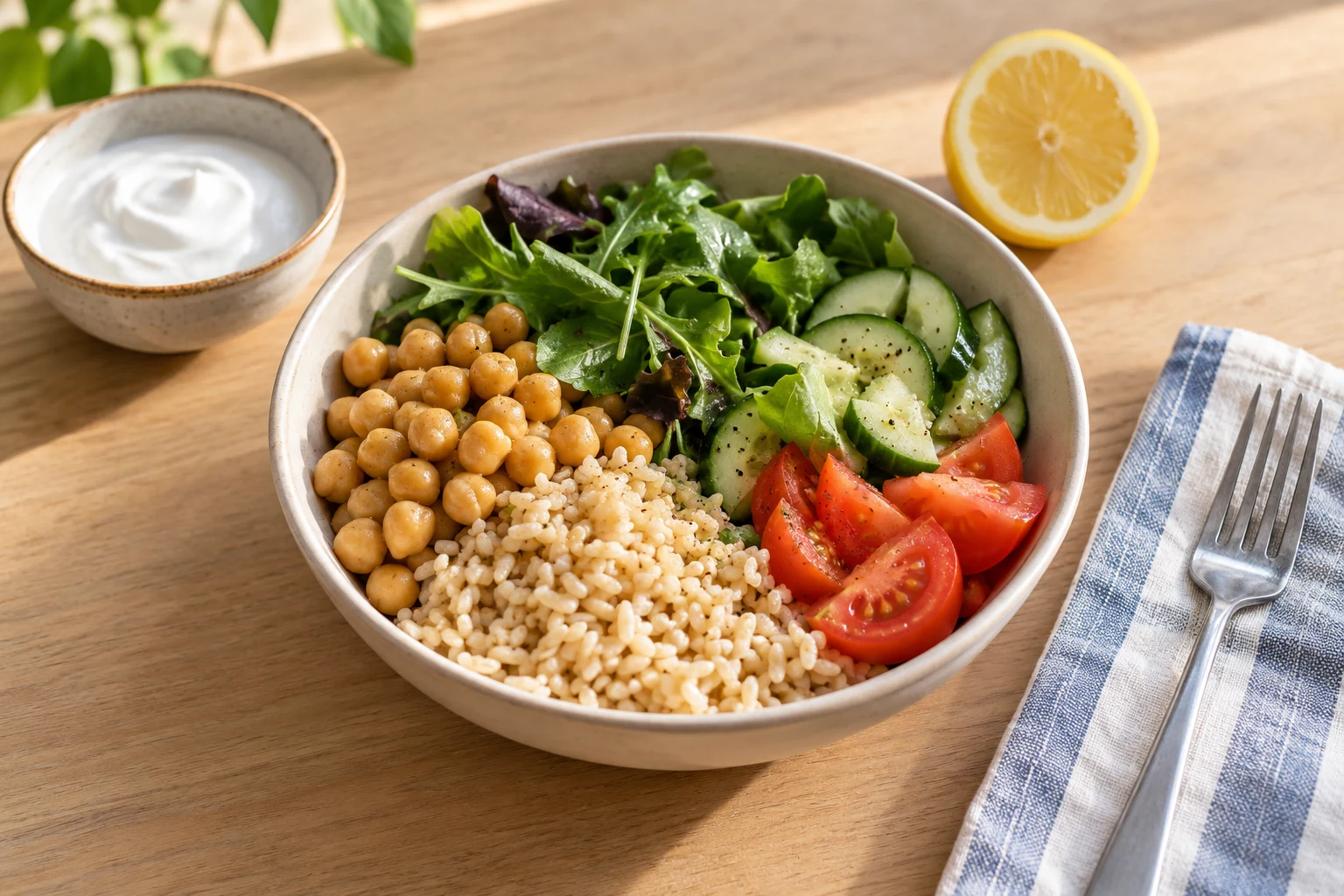 A bowl of chickpeas, cooked grains, cucumber, tomatoes, and greens beside yogurt and a lemon half.
