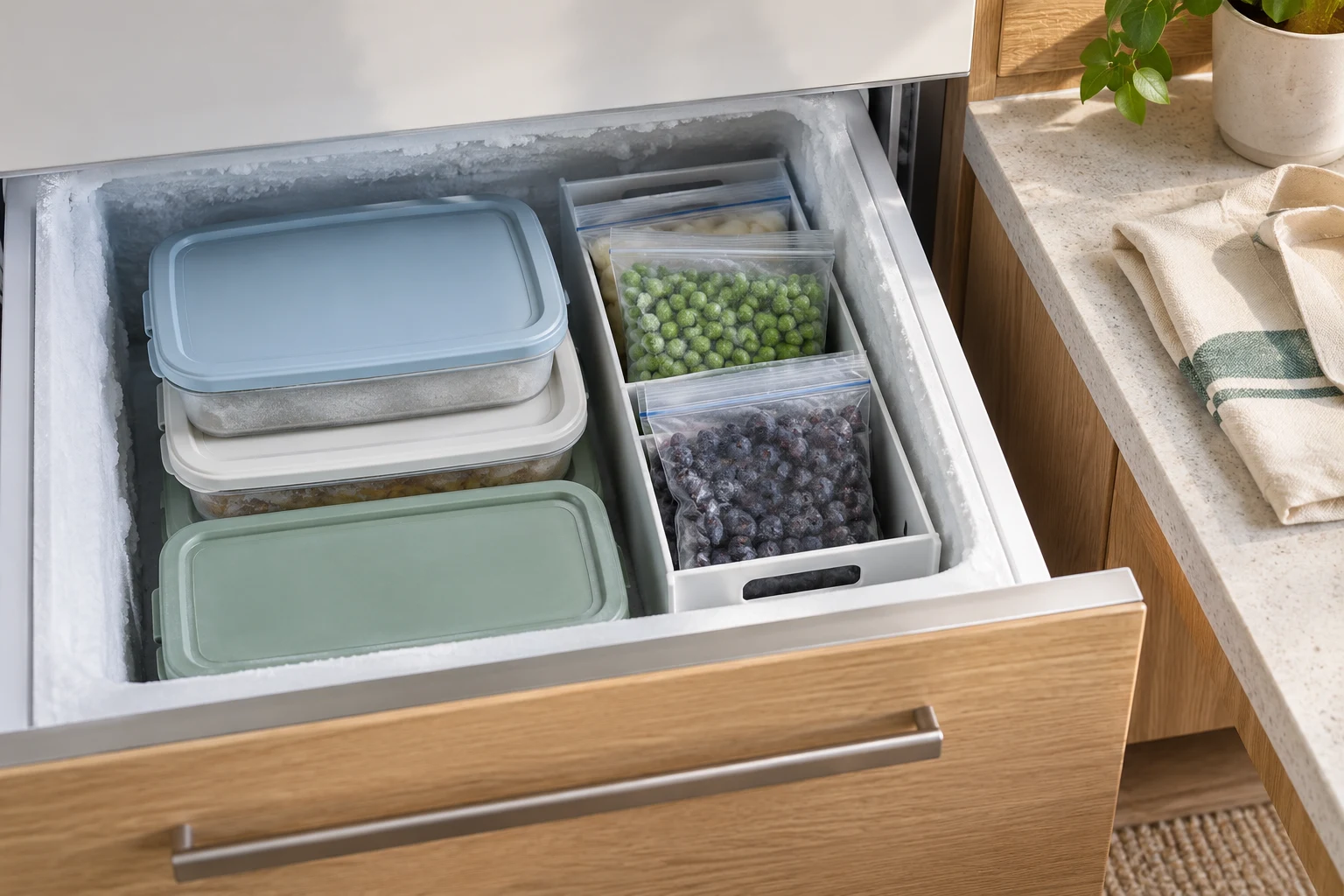 Sealed containers and bags of frozen peas and berries arranged in a divided freezer drawer.