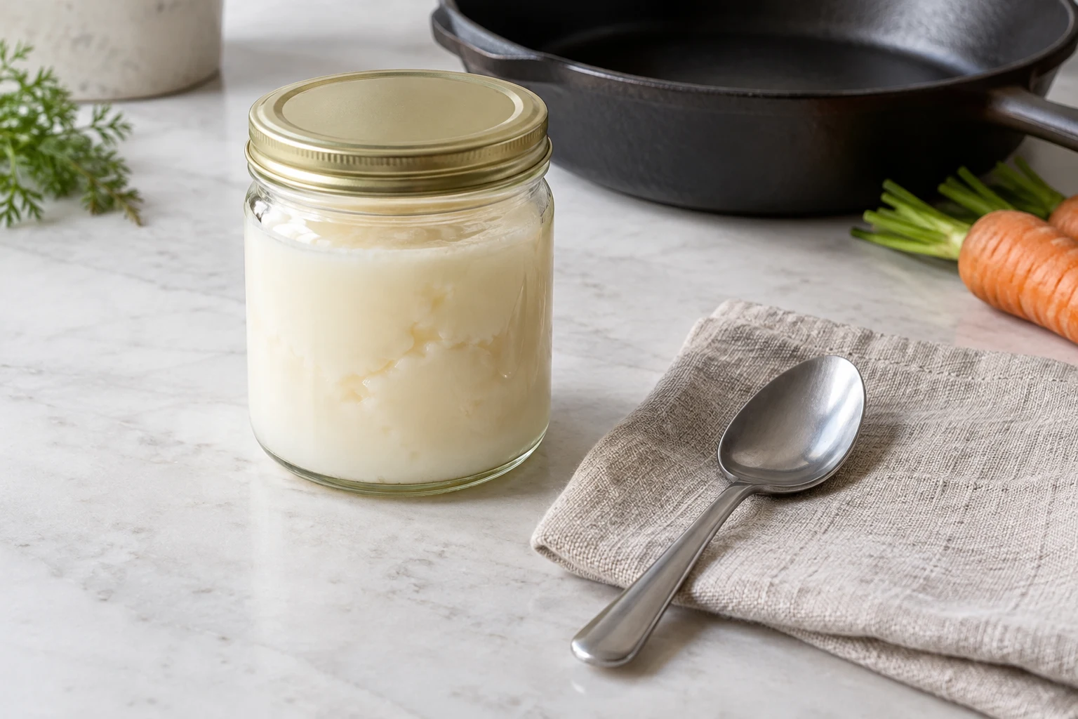 An unlabeled glass jar of rendered cooking fat beside a spoon and dark skillet.