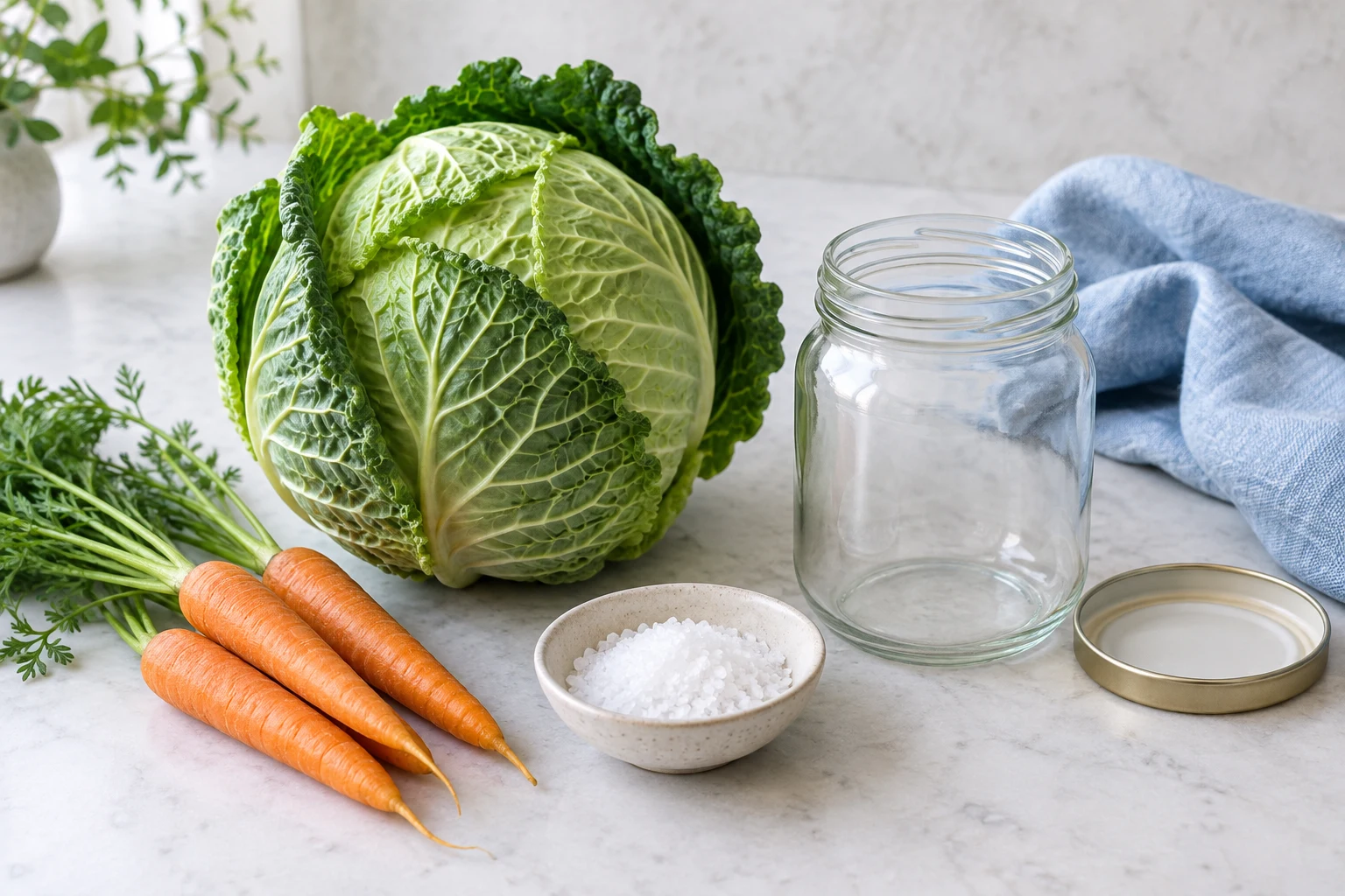 A whole cabbage, carrots, salt, and an empty glass jar on a pale kitchen counter.