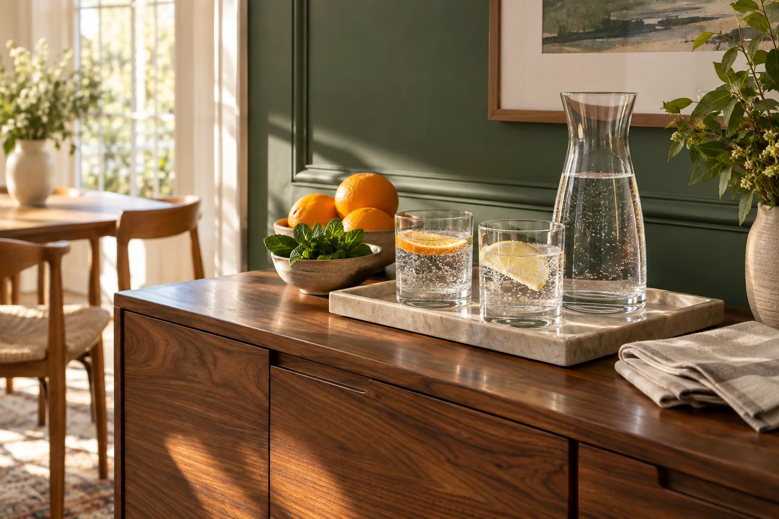 Two citrus sparkling waters and a glass carafe on a walnut sideboard