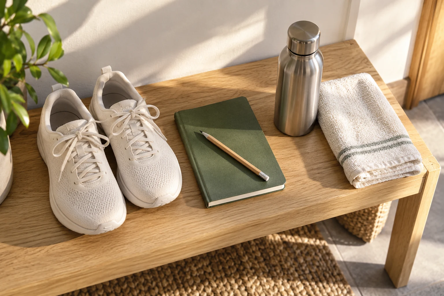 Walking shoes, a notebook and a water bottle on an oak entry bench