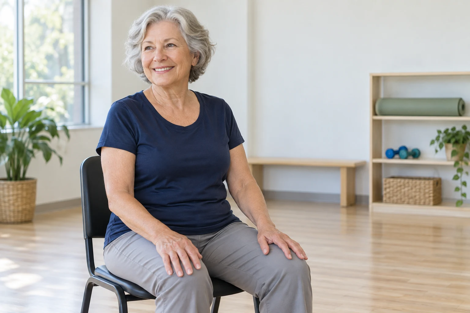 Illustrative older adult seated at rest in a bright exercise room