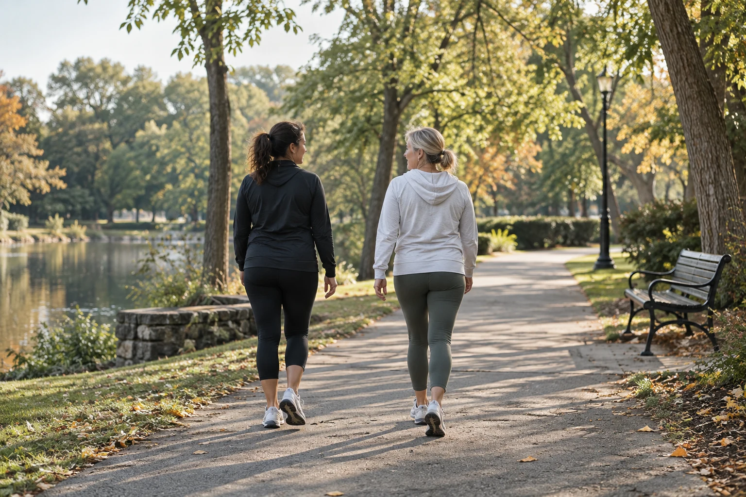 Two adults walking along a tree-lined park path in autumn