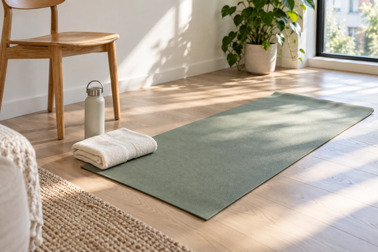 An exercise mat, chair, towel and water bottle in a sunny room