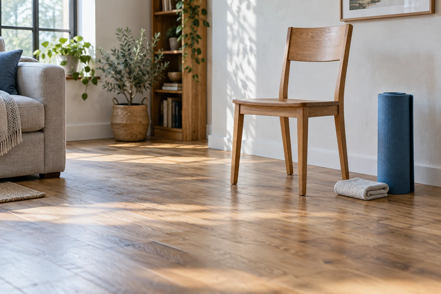 A sturdy wooden chair beside a rolled blue mat in a clear living-room corner.