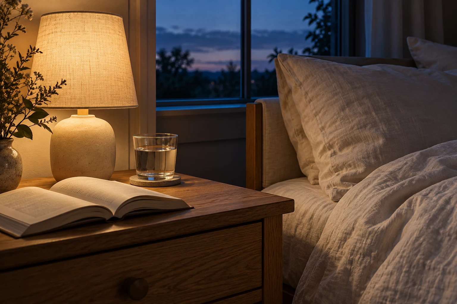 A book and glass of water on an oak bedside table at twilight.