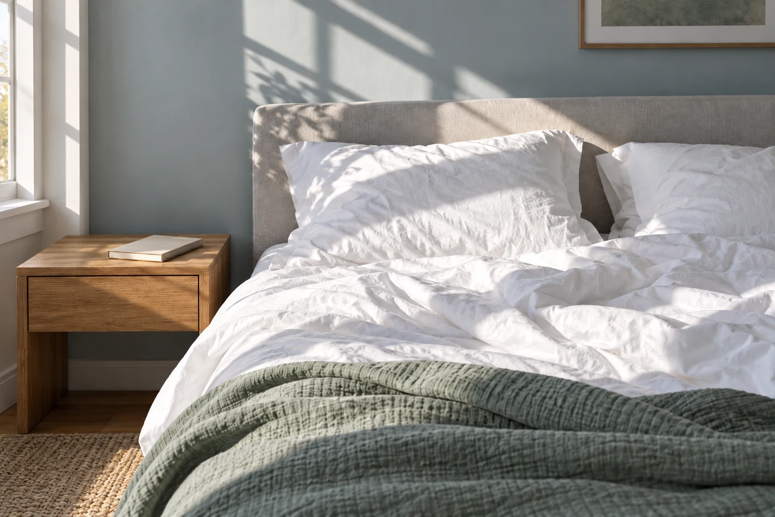Morning light on cotton bed linen and a sage blanket.
