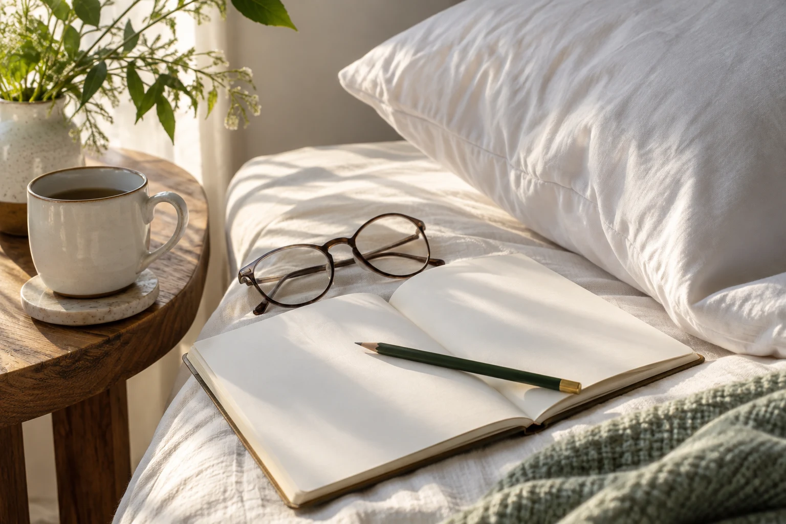 An open blank notebook and reading glasses beside a pillow in morning light.