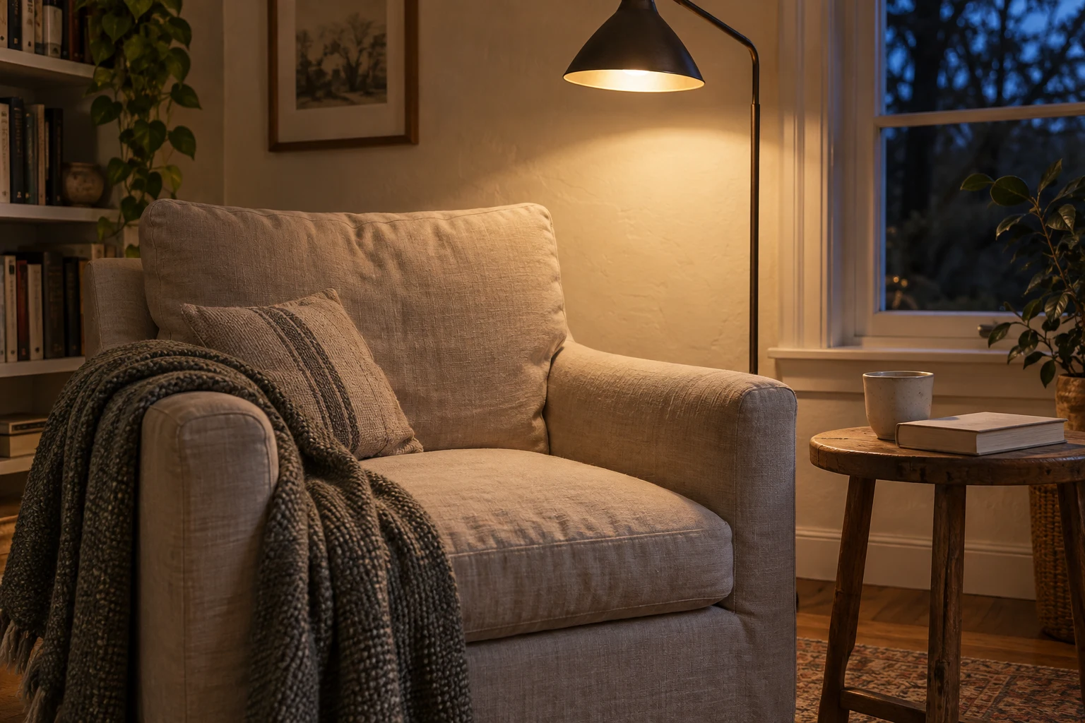 A linen armchair, book and ceramic cup beneath a soft reading lamp.