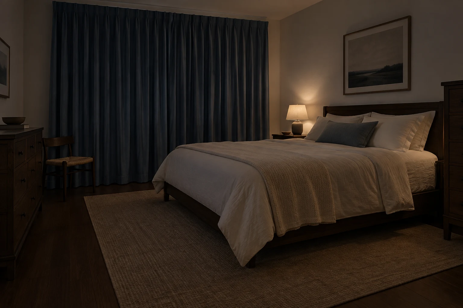 An ivory bed and dark blue curtains in a softly lit bedroom at night.