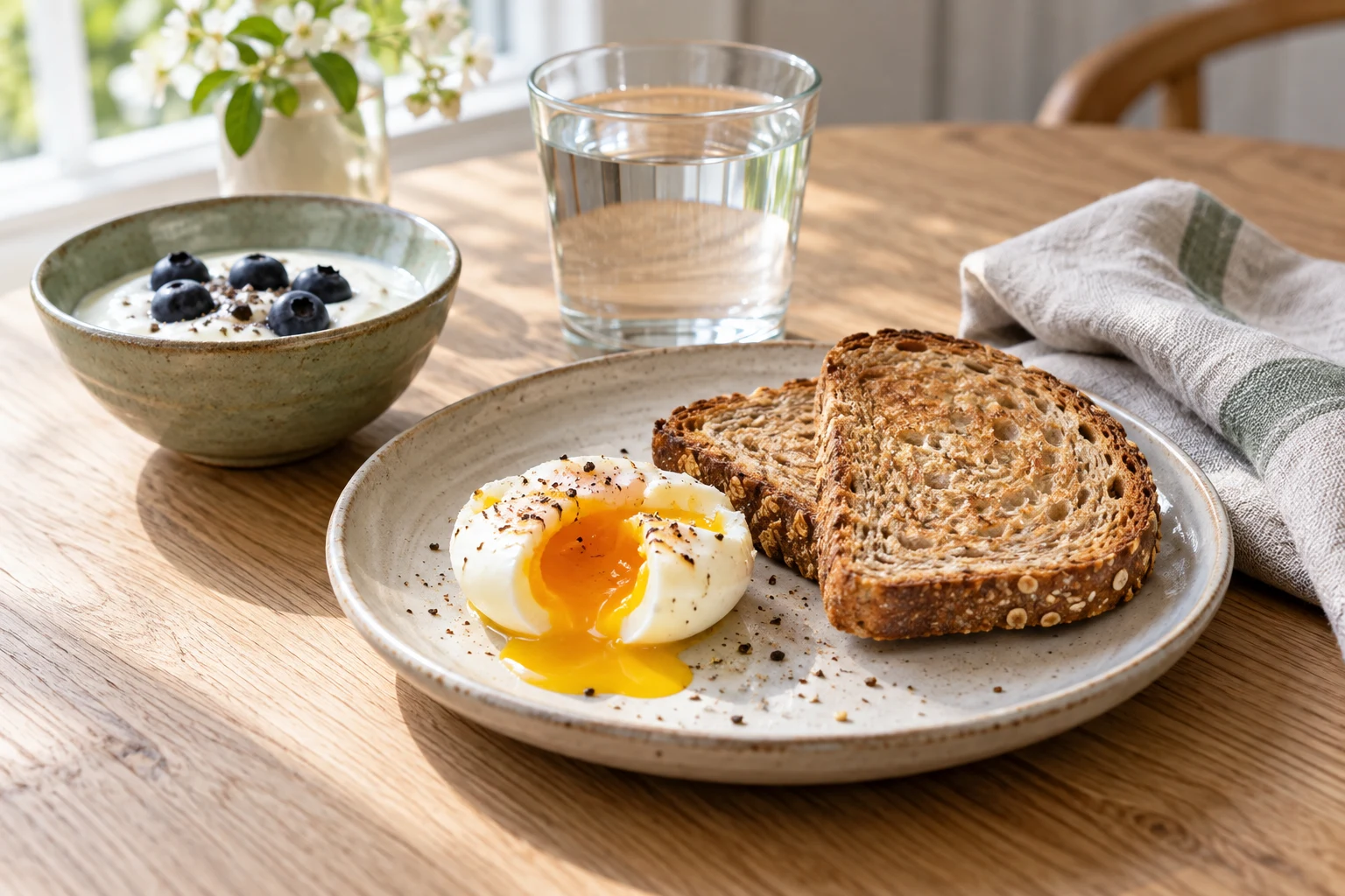 Toast and an egg on a ceramic plate beside yogurt and blueberries.
