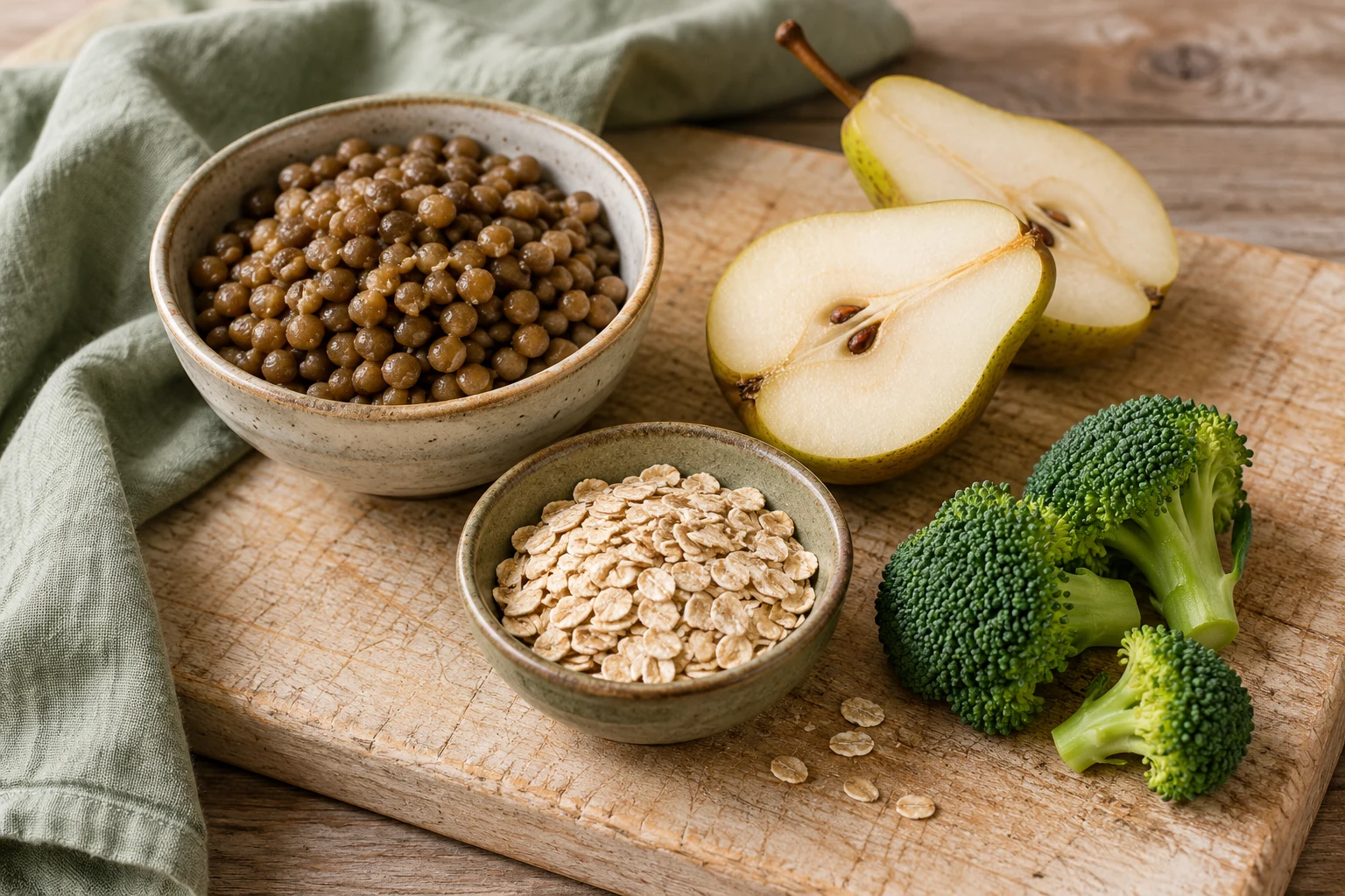 Lentils, a cut pear, oats and broccoli arranged on a wooden board.