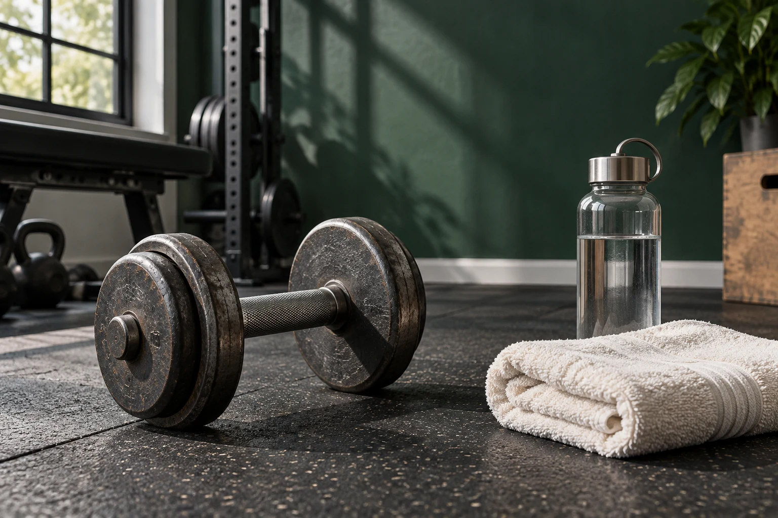 A steel dumbbell, folded towel and clear water bottle on a gym floor.