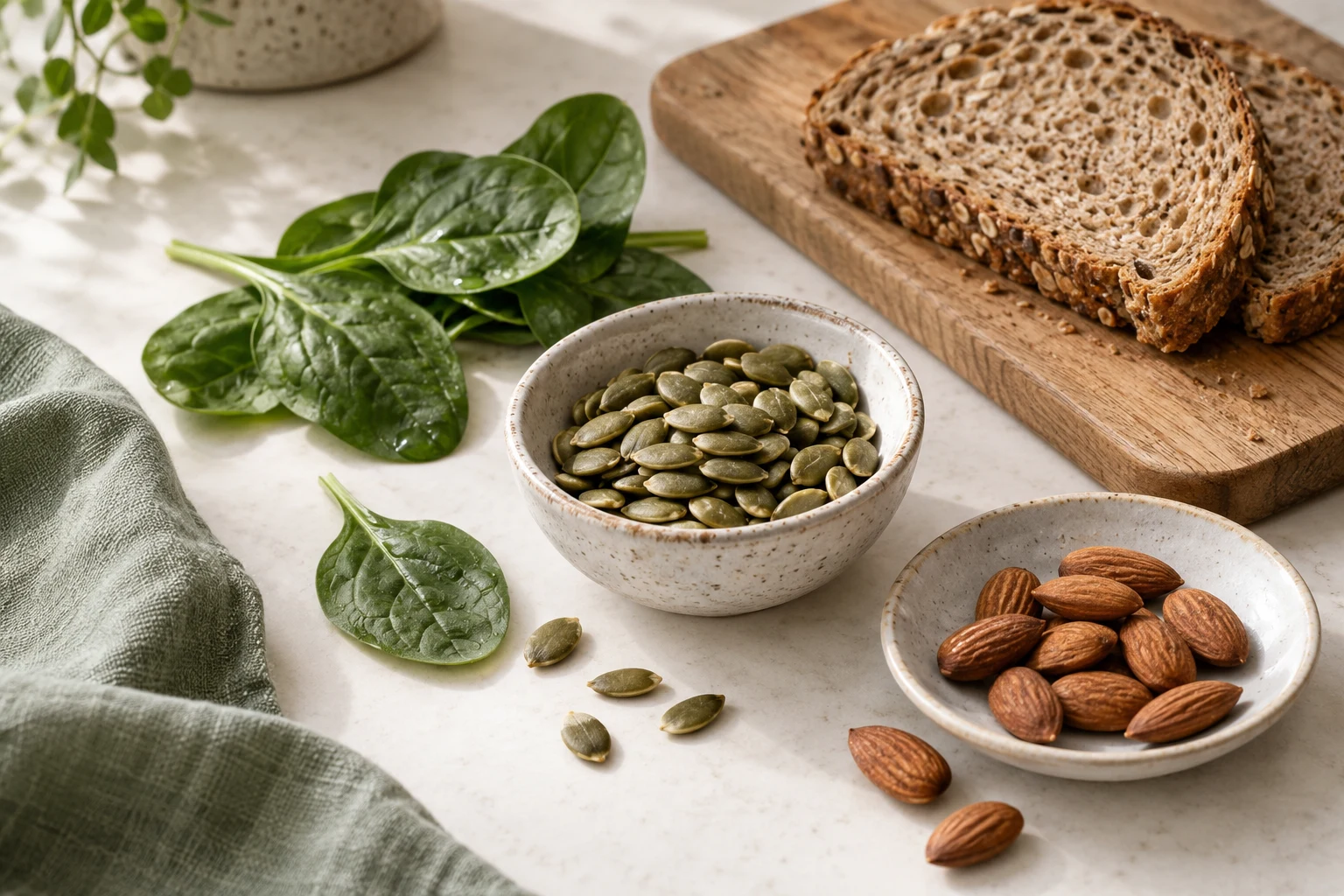 Pumpkin seeds, almonds, spinach leaves and whole-grain bread on a kitchen counter.