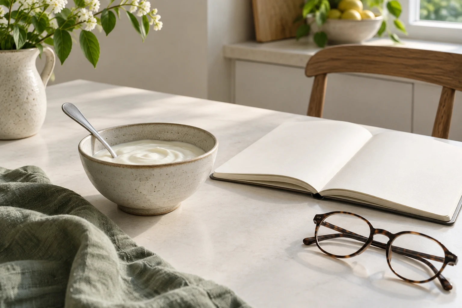 A plain bowl of yogurt beside a blank notebook and reading glasses.